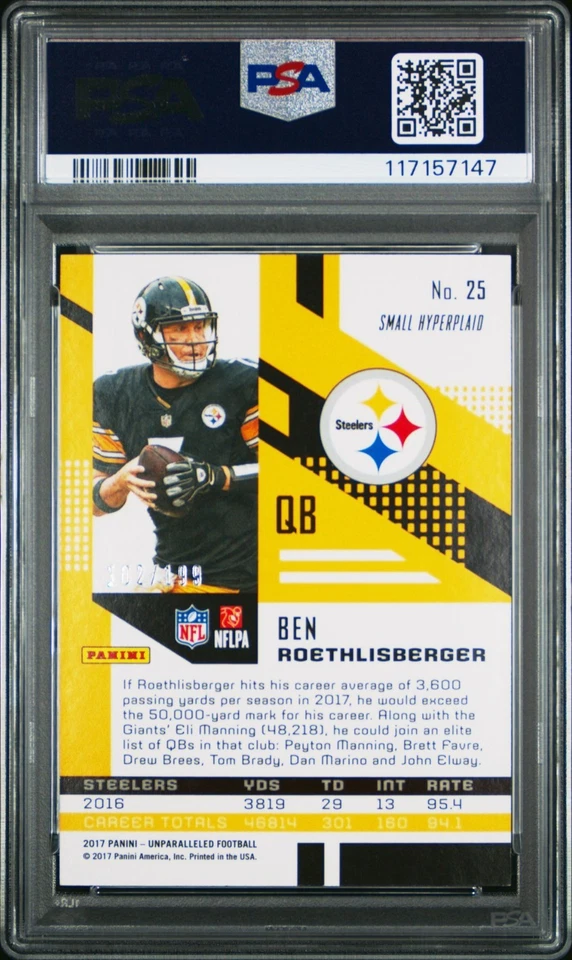 2017 Unparalleled YELLOW /199 Ben Roethlisberger Pittsburgh Steelers PSA 8 - Image 2 of 3