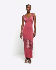 River Island Womens Slip Maxi Dress Pink Velvet Lace Uk 12 RRP £50