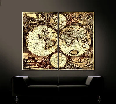 ALTE WELT ANTIKE Leinwand Bild Schwarz Braun Abstrakt Wandbild Weltkarte Deko XL - Bild 1 von 4