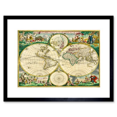 Map Antique World Globe Hemisphere Illustrated Framed Print 12x16 Inch