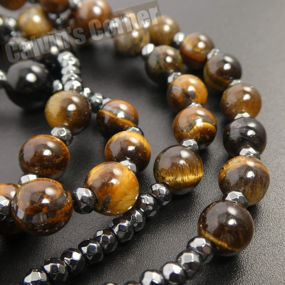 Tiger Eye Black Onyx Hematite Cross Rosary Necklace Long Catholic Men Women Gift - Image 4 of 4