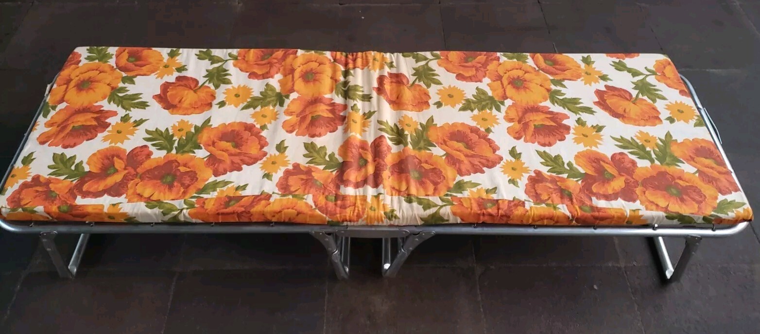 Vintage MCM Aluminum Outdoor Camping Folding Bed Cot w/ Vibrant Floral Pad Nice!