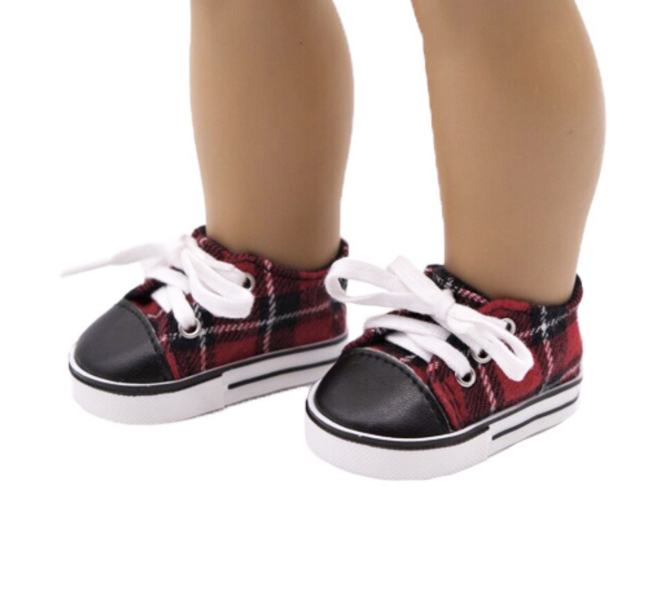 Red Black And White Plaid Doll Sneaker shoes for 18” Dolls Like