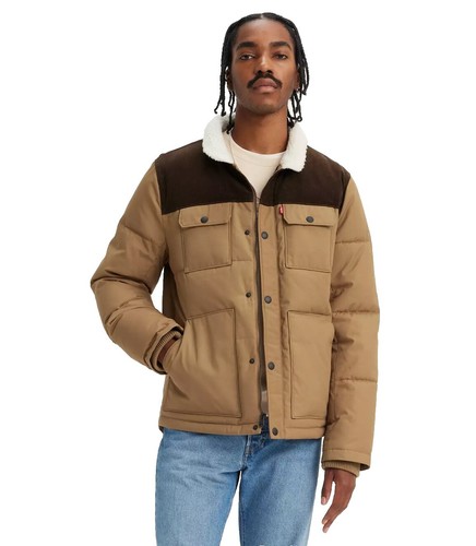 Levi's Men's Mixed Media Woodsman Puffer Jacket Tan and Dark Brown