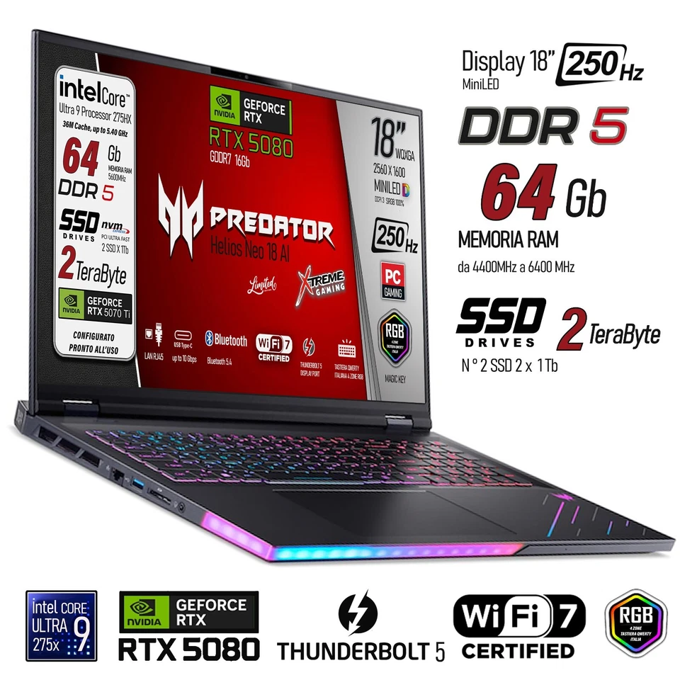 Acer Predator Helios Neo 18" AI, Ultra9, SSD 2TB, RAM 64GB, RTX5080, Win11 Pro - Immagine 3 di 4