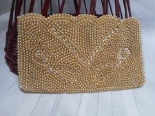 Vintage Beaded Clutch Evening Bag Tan Pearl Beads Wedding Formal