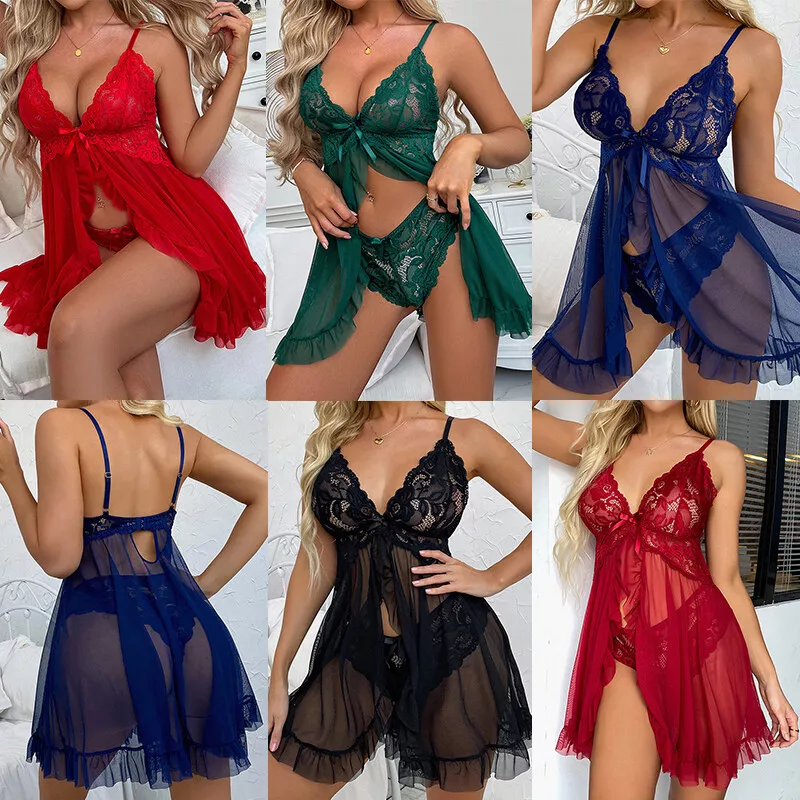 Sexy Women Lingerie Teddy Babydoll Lace Sleepwear Underwear Nightgown Dress  Set~