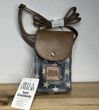 Antebellum Canvas Tech Crossbody Americana Stars Leather Trim 4x2x6"