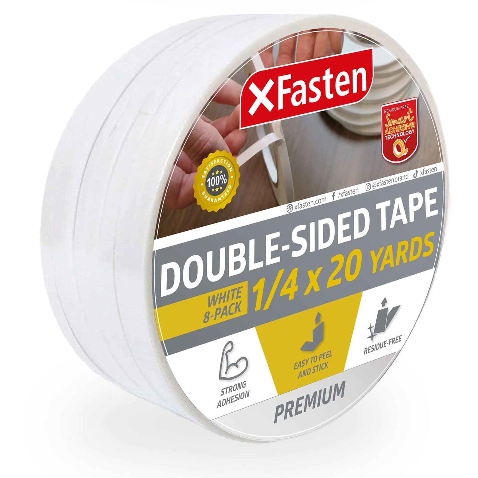XFasten Double Sided Tape, Removable, 1/4-Inch by 20-Yards, Pack of 8 Ideal a...