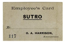 c.1900 SAN FRANCISCO SUTRO BATHS BATHHOUSE~ANTIQUE EMPLOYEE'S PASS CARD/TICKET