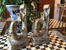 Vintage Heavy Ornate Book End Resin Cast Faux Wooddoor handles White washed/gold