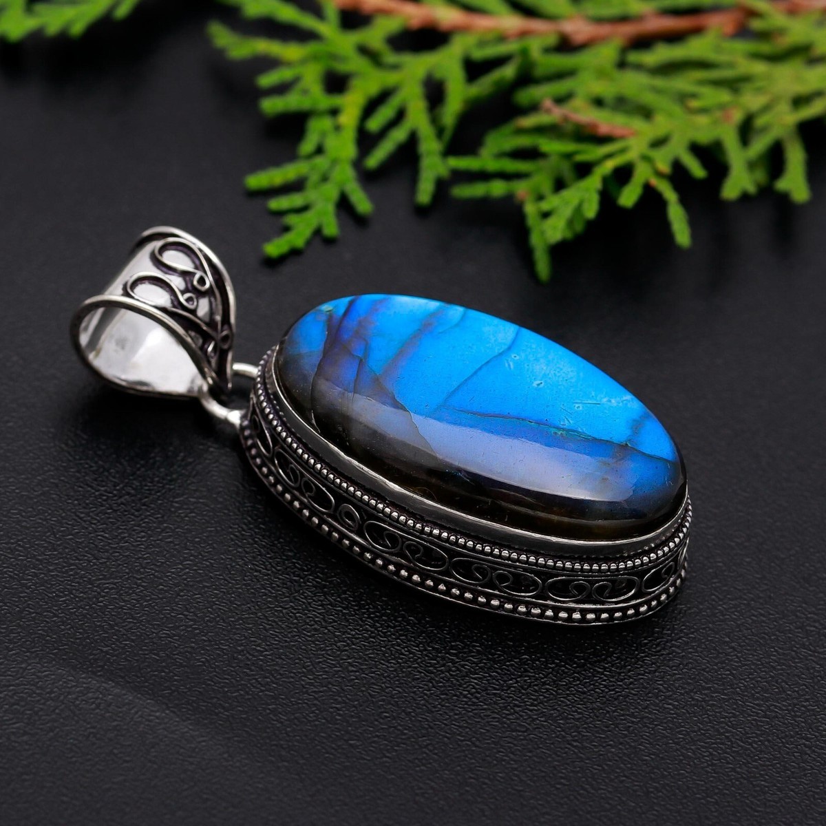 Silver Gemstone Pendant From England Blue Fire Labradorite