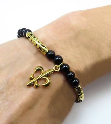 Black Shell Pearl Bead Blessings Bracelet Gold Plated Accents Fleur de Lis Charm