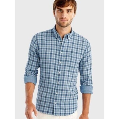 JOHNNIE-O Linen Button Down Shirt XL West Coast Prep Nautical Blue Plaid