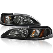 Black Fits 1994-1998 Ford Mustang 1Pc Style Headlights+Signal Corner Lamps L+R