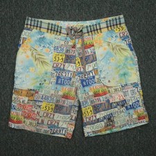 Robert Graham Board Shorts Men 36 White Blue License Plate Floral Swim Pockets