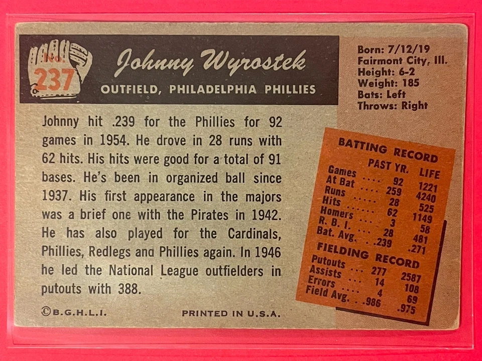 1955 Bowman Johnny Wyrostek #237 Vintage Baseball Philadelphia Phillies - Image 2 of 2