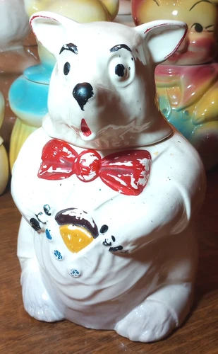 Vintage McCoy White Bear Cookie Jar Red Bowtie 1940s