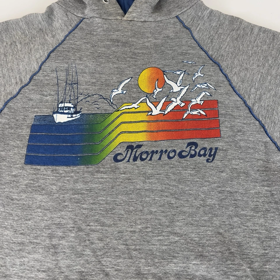 Sudadera con capucha vintage años 90 Jerzees Morro Bay CA con acento a rayas adulto XL 46 gris y azul   Foto 2 de 4