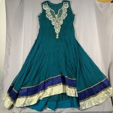Womens Anarkali Dress Medium Teal Blue Gold Beaded Embroidered Indian Maxi Gown