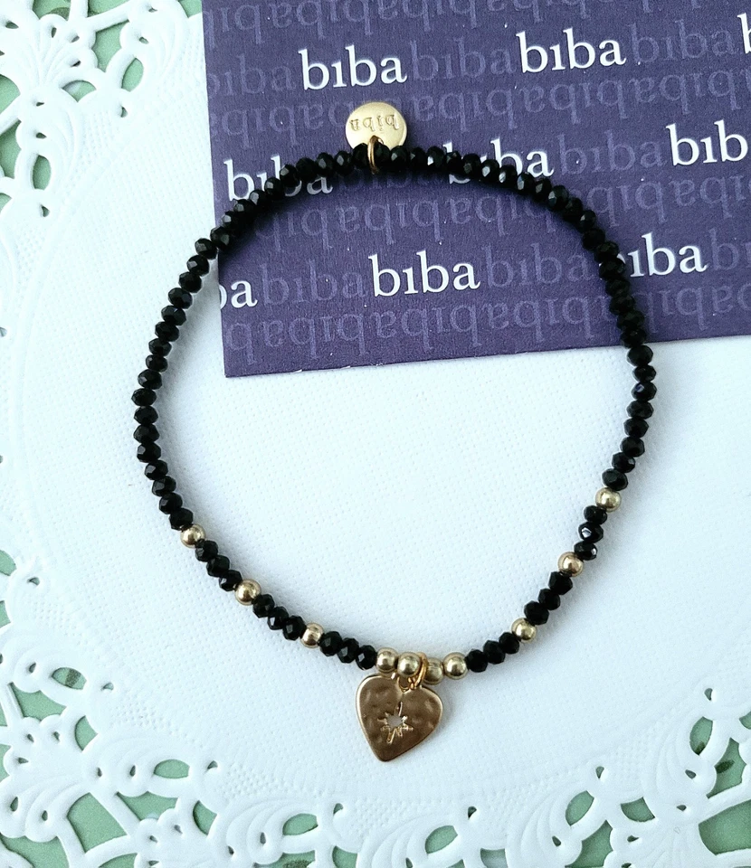 BIBA Kristall Armband Schwarz Gold Herz Anhänger, dehnbar,  Neu/H072a