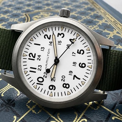 Hamilton Khaki Field Mechanical 38mm White Dial Watch Patina Manual Winding