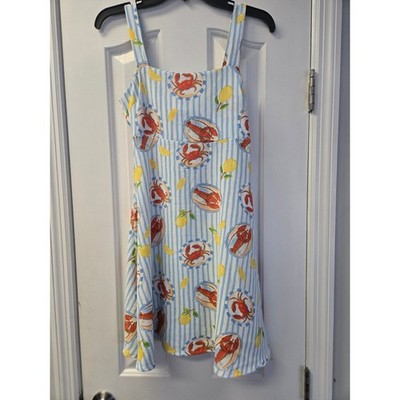 Blue White Stripe Lobster Crab Lemon Tie Back Sundress Coastal Resortwear Small