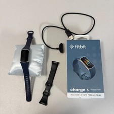 Fitbit Charge 5 Fitness Health Smartwatch Activity Tracker  Blue  Black Bands