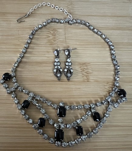 Vintage glitzernder glamouröser klarer Strass & schwarzer Halsreif Halskette & Ohrringe Set 2