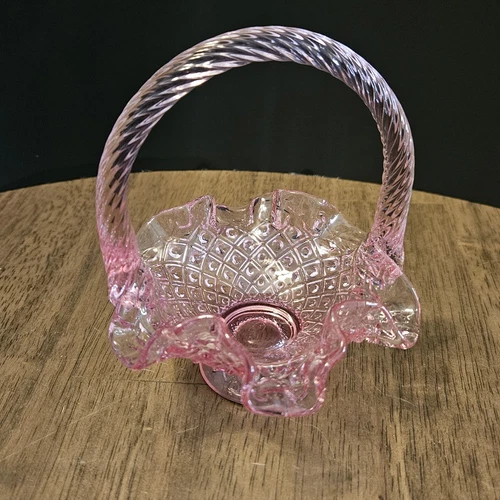 Fenton Pink Glass Basket – Diamond Pattern, Ruffled Edge, Vintage Decor