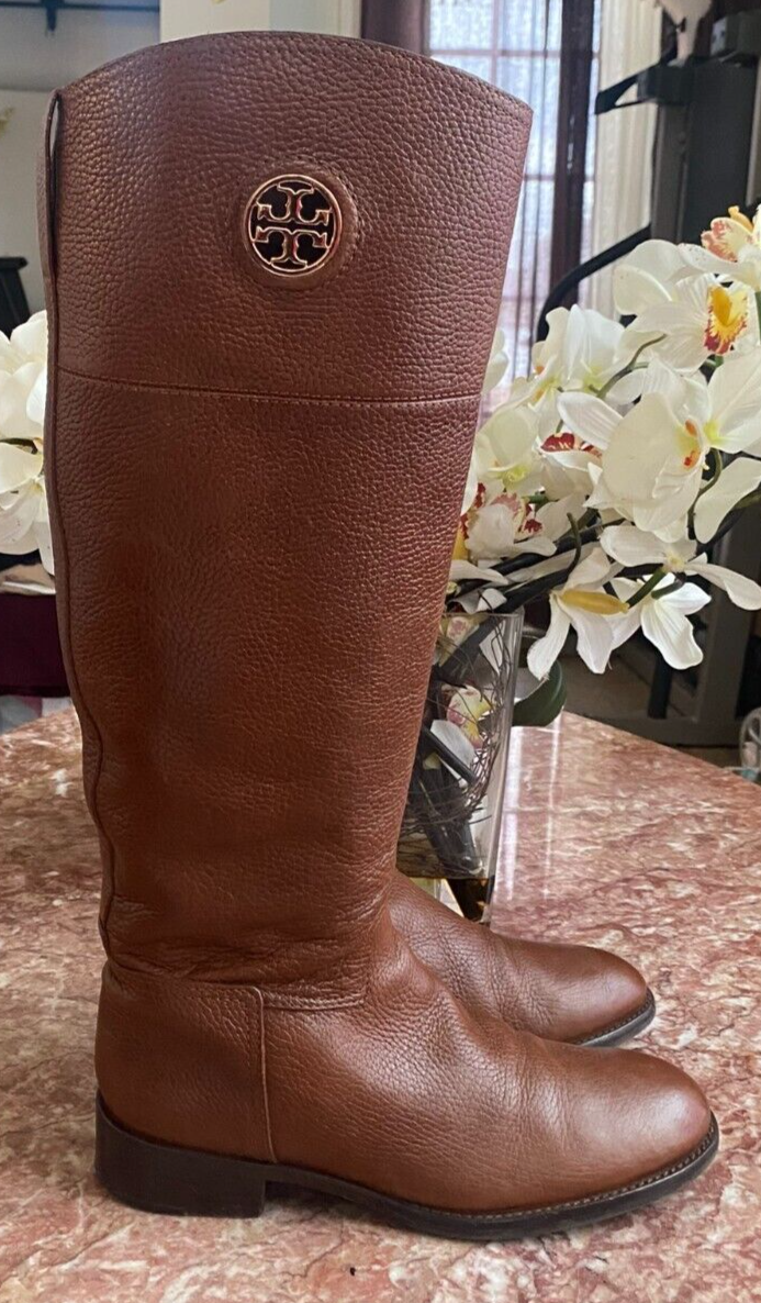 Tory Burch Junction Brown Pebbled Leather Tall Riding Boots Size