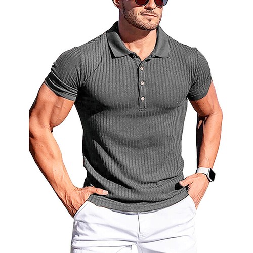Men Summer Ribbed Muscle Stretch Slim Fit Short Sleeve T-Shirt Collar Casual Top - Picture 7 of 30