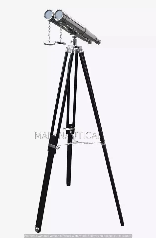 Binocular de latón marítimo cromado de 18"" con trípode de madera soporte telescopio de piso Foto 4 de 4