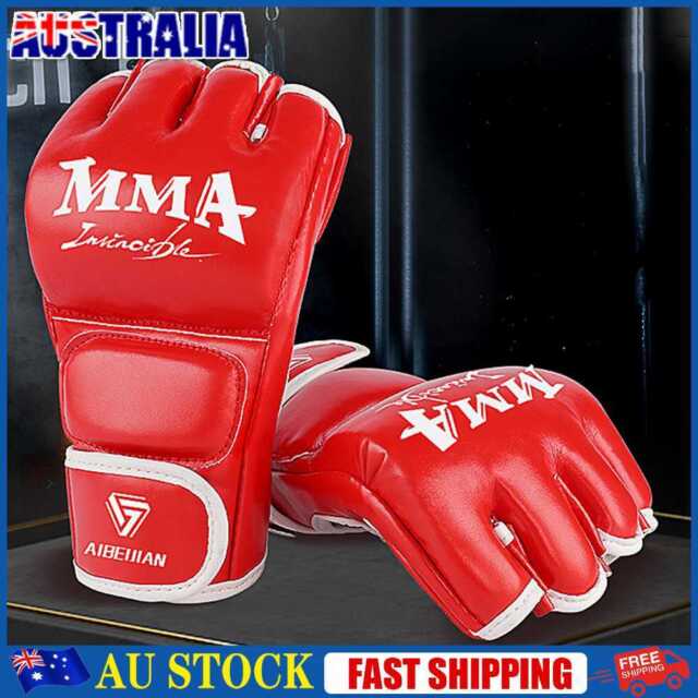 Half Finger Boxing Gloves Wearable PU Breathable Sports Equipment (Red M)