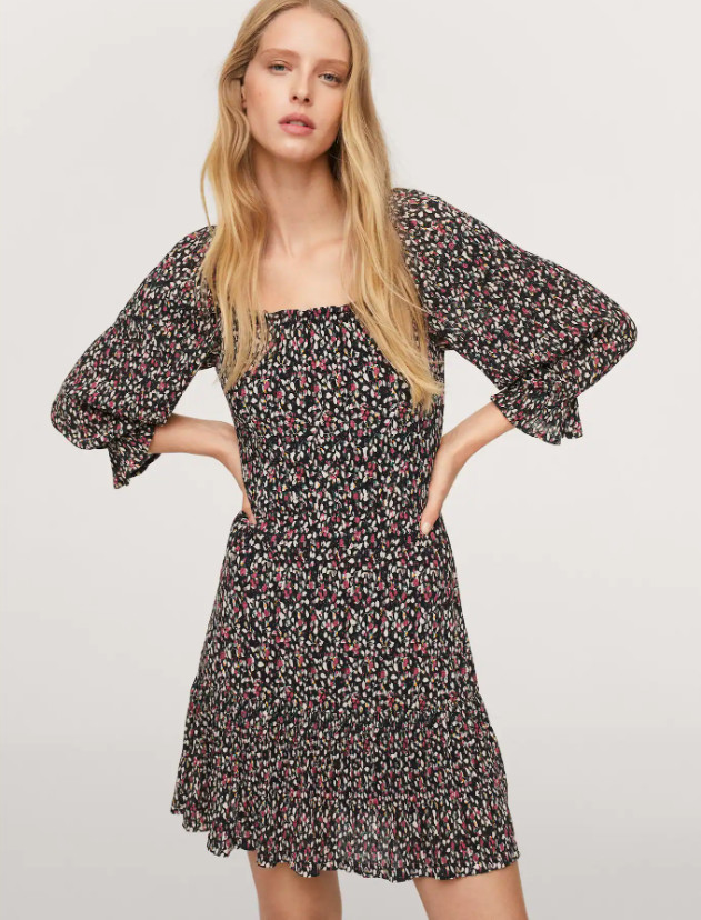 Vestido Mango Outlet Estampado Acanalado XS Talla 2 Negro Nuevo con Etiquetas 49.99