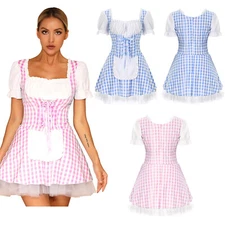 Women Maid Fancy Dress Gingham Miss Muffet Costume Halloween Party Cosplay Dress