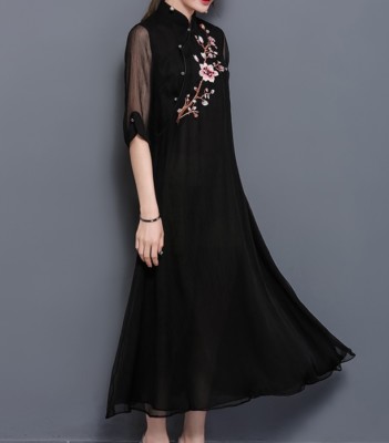 Chiffon flower embroidery black dress Chinese mandarin collar ethnic retro | eBay Chiffon flower embroidery black dress Chinese mandarin collar ethnic retro | eBay