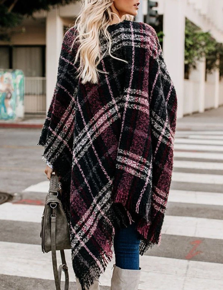 Women's Plaid Sweater Poncho Oversize Cape Coat Open Front Blanket Shawls Wraps  - Image 2 of 4