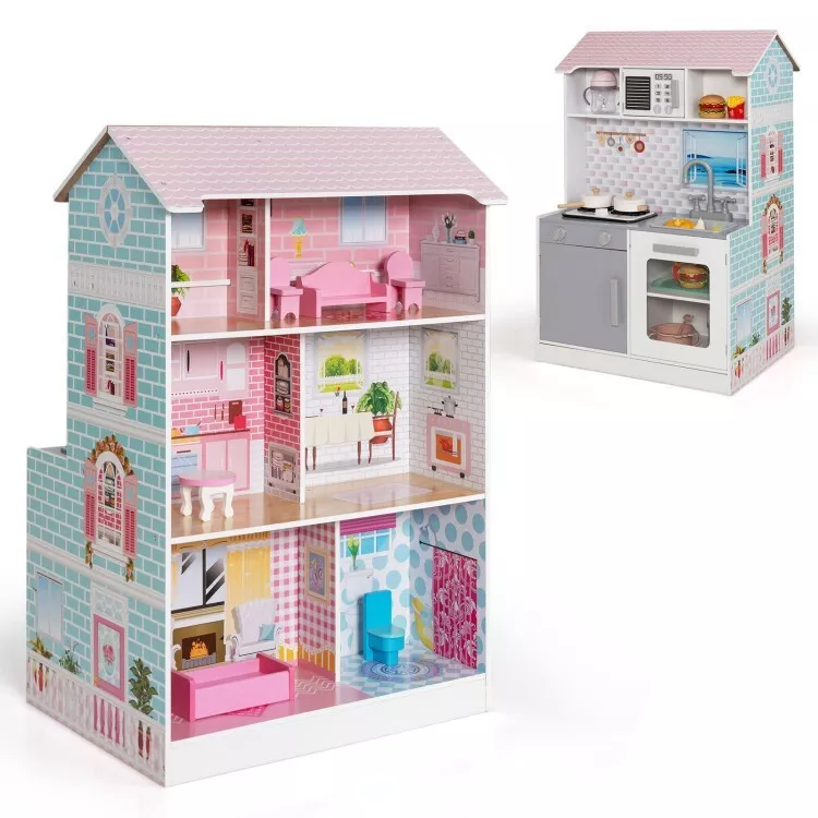 Costway Wooden Dollhouse For Kids 3-Tier Toddler Doll House W/Furniture  Gift For Age 3+