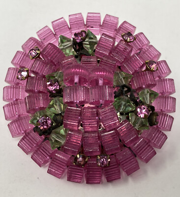 VINTAGE AUSTRIAN CRYSTAL VIBRANT PINK GREEN GLASS BEADED RHINESTONE BROOCH