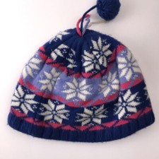 LL Bean Kids Large Ski Hat with tassels Blue Pink White snowflakes