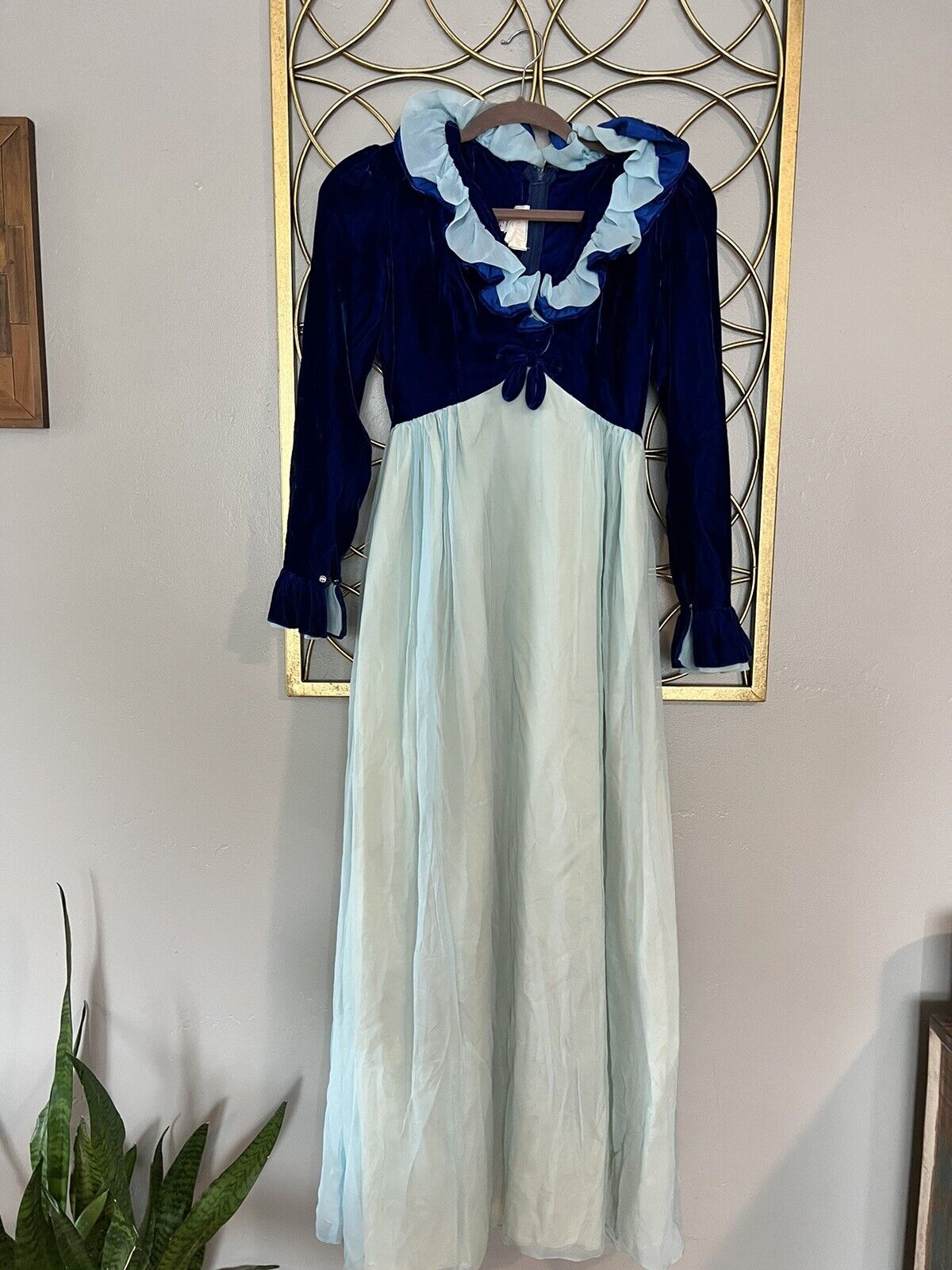 VTG Lorrie Deb 60s Mid Century Blue Velvet Satin Cocktail Prom Maxi Dress Sz 7/8