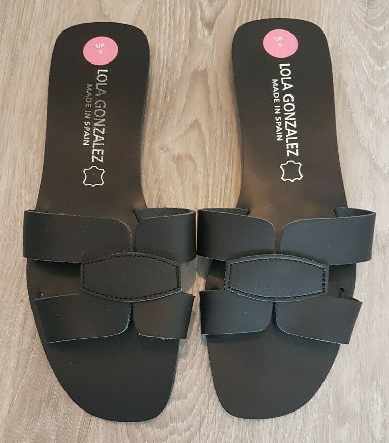 ladies real leather Black sandals womens mule slider comfort house shoe