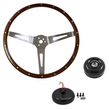 CJ Classic Trucks Steering Wheel Kit 14" 3-Bolt Slotted Woodgrain With Black ...