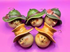 Country Rustic Crackle Paint Snowman Head Christmas Tree Ornaments Lot Of 5