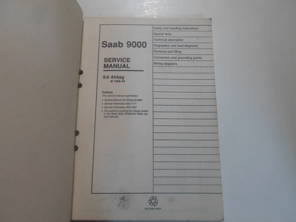 1988 1994 Saab 9000 8:6 Airbag Servizio Riparazione Negozio Manuale Worn Tinto - Immagine 2 di 4