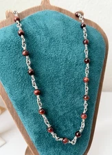 David Yurman .925 Sterling Silver Red Tiger's Eye Rosary Bead Necklace 23"