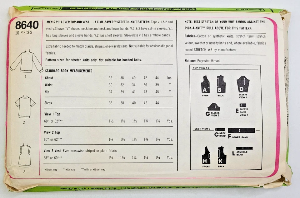 De Colección Años 70 Simplicidad Costura Patrón 8640 Para Hombres Tejido Pullover Top Chaleco Pecho 40-44 CORTE Foto 2 de 3