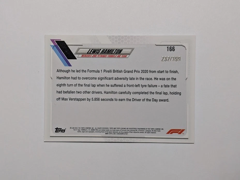 2021 Topps Chrome Formula 1 Purple Refractor /399 Lewis Hamilton #166 - Image 2 of 2