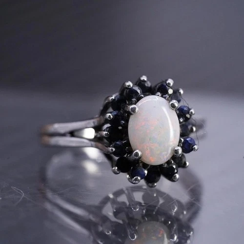 Size 6, vintage sterling silver 925 band ring with opal and sapphire around